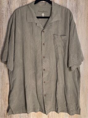 Tommy Bahama Short Sleeve Silk Button-Up Shirt in Olive Green